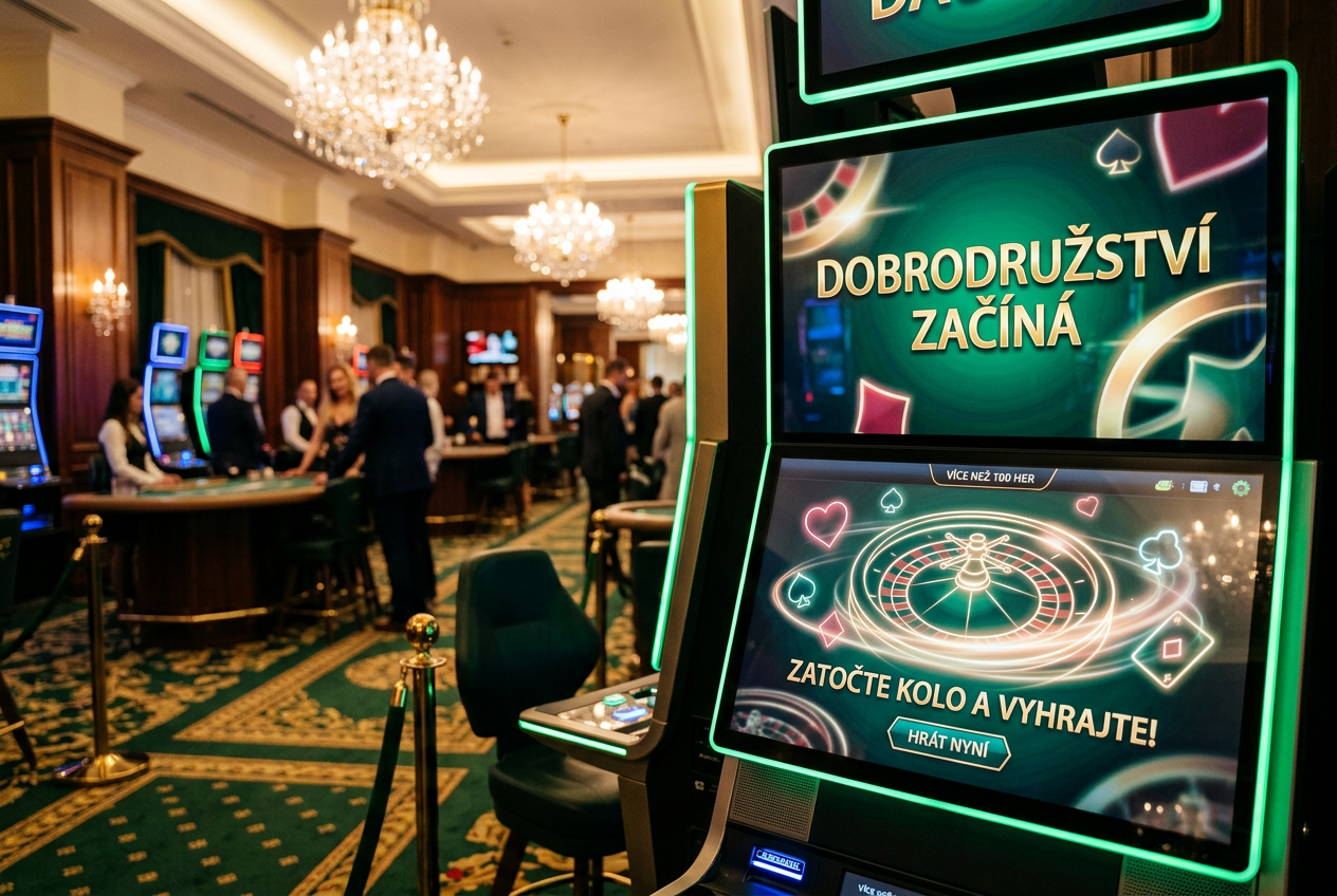 Atmosférický pohled na osvětlené rozhraní moderního digitálního kasina s důrazem na eleganci a technologický pokrok