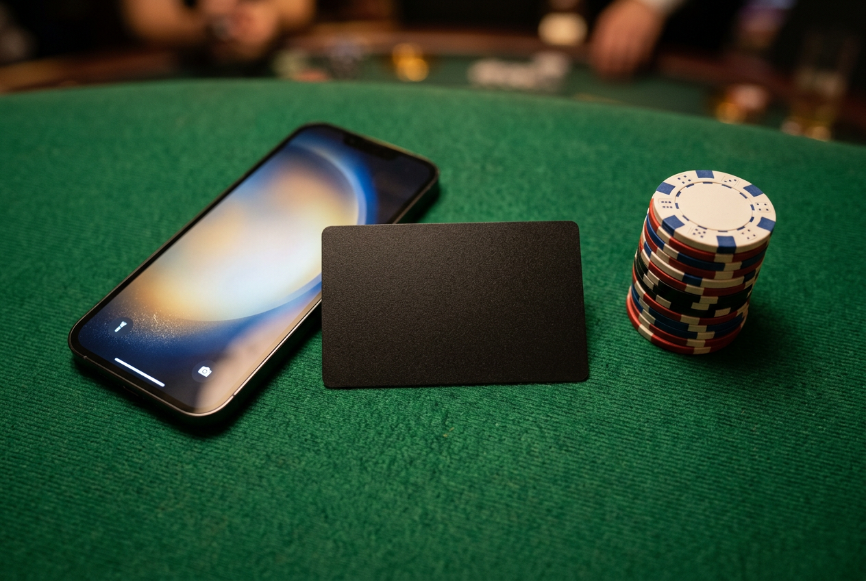 Detailní záběr na neoznačenou platební kartu položenou vedle smartphonu a hromádky casino žetonů na zeleném plátně