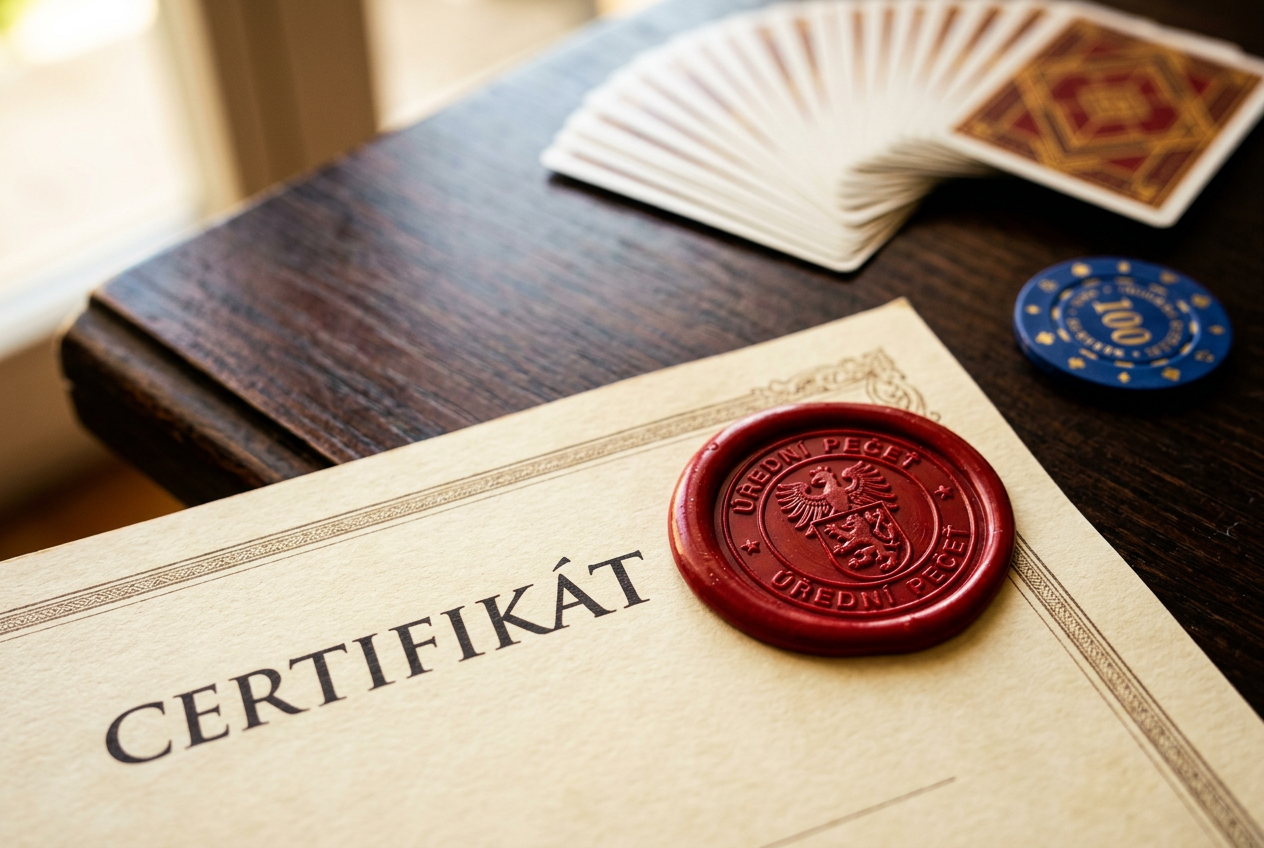 Detailní pohled na úřední pečeť na dokumentu s rozostřenými kartami v pozadí