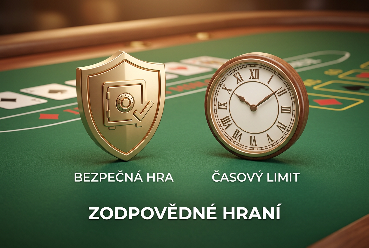 Ilustrace konceptu zodpovědného hraní s unifikovaným symbolem bezpečí a rovnováhy na pozadí kasinových prvků