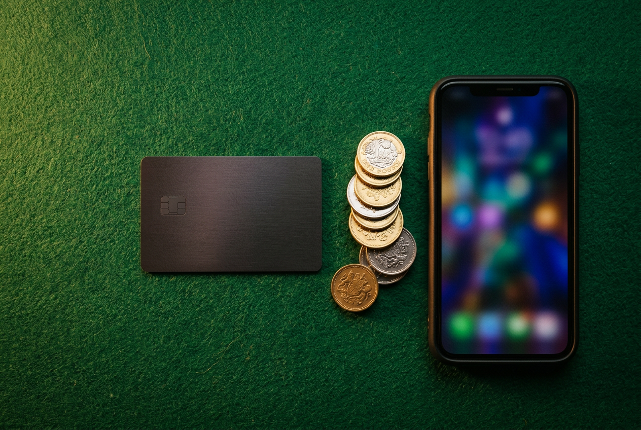 Detailní záběr na neoznačenou platební kartu a hromádku mincí na zeleném kasinovém plátně se smartphonem v pozadí